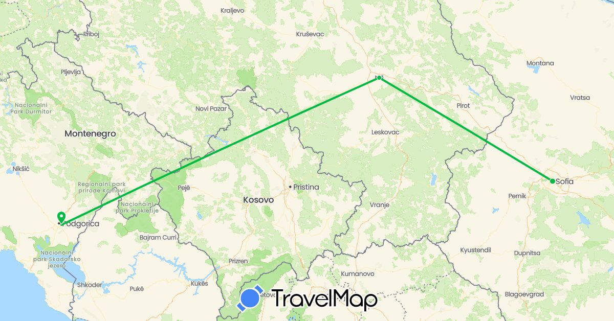 TravelMap itinerary: driving, bus in Bulgaria, Montenegro, Serbia (Europe)